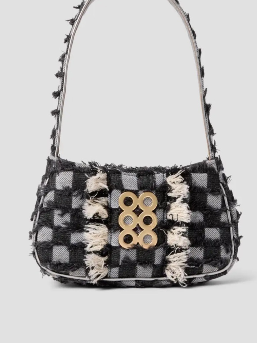 Checked Fringe Shoulder Bag in Black and Cream with Gold Accent